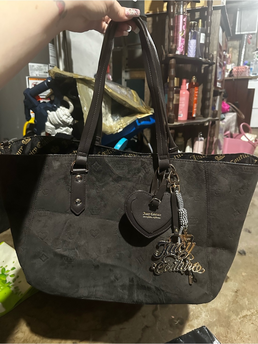 Juicy Couture Dark Brown Tote with Heart Charm and Logo Dangles